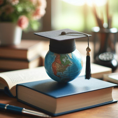 Globe with graduation cap and books on wooden table. Education conceptの素材