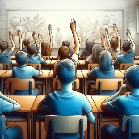 Illustration of a group of students raising their hands to answer a questionの素材