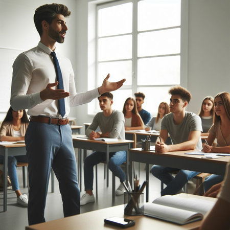 Group of students listening to lecture in classroom. Young man in shirt and tie standing in front of group of students.の素材