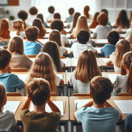 back view of students sitting in lecture hall and listening to teacher at schoolの素材