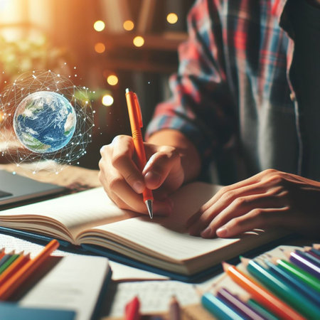 Close up of female hands writing in notepad at table with pencils and planet earth.の素材