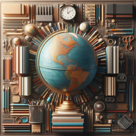 Globe and school supplies on a table. 3d illustration.の素材
