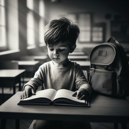 Little boy sitting at the desk and reading a book in the classroomの素材