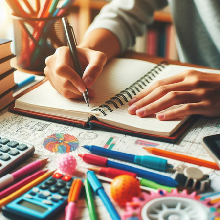Close up of female hands writing in notebook. Education and school concept.の素材