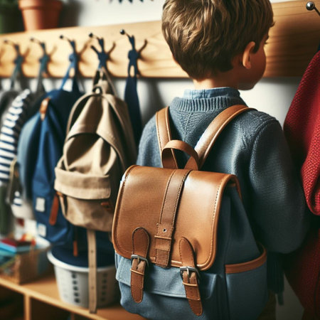 Little boy choosing backpack in kids clothing store. Back to school conceptの素材