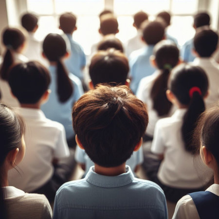 Back view of a group of students listening to lecture in the classroomの素材