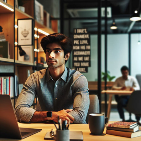 Handsome young man working on laptop while sitting at desk in officeの素材