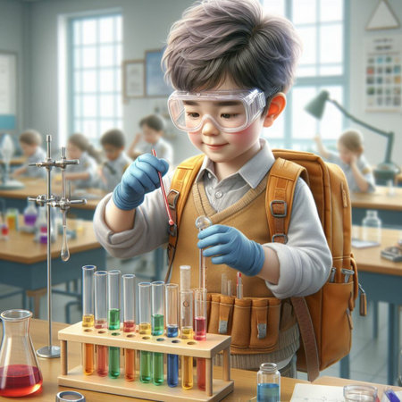3D rendering of a little boy studying chemistry in a school laboratoryの素材