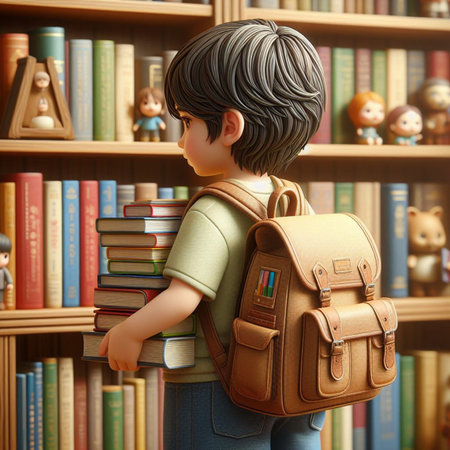 Little boy with backpack and books in the library. 3d rendering.の素材