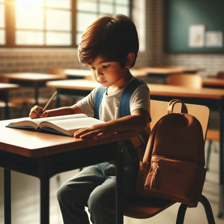 Cute little boy is sitting at the desk in the classroom. Education conceptの素材