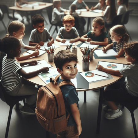 Group of children sitting at the desk in the classroom, education conceptの素材