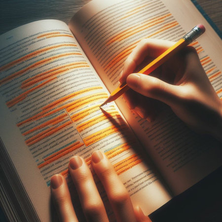 Female hands with pencil writing on book. Photo in retro color image styleの素材
