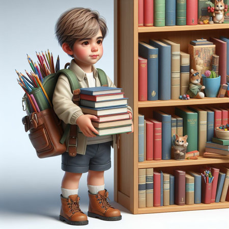 3D illustration of a cute schoolboy with a backpack and booksの素材