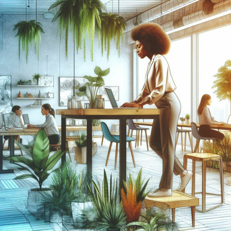 Side view of a young african american businesswoman working on a laptop while sitting at a wooden table in a modern office. Toned image double exposureの素材