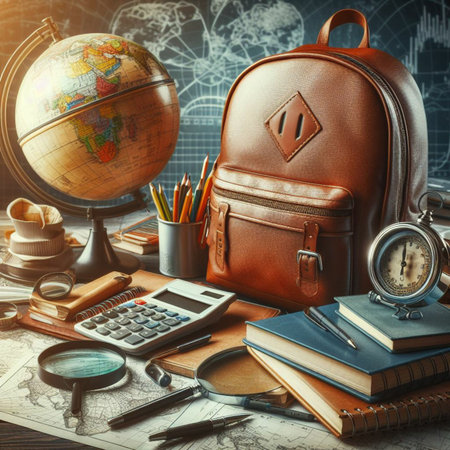 School supplies and globe on map background. Back to school concept.の素材