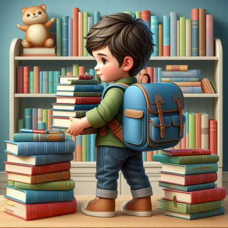3D Render of a Little Boy with a Backpack and Booksの素材