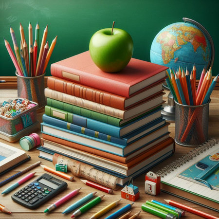 Back to school concept. Stack of books, pencils, globe, apple and stationery on wooden tableの素材