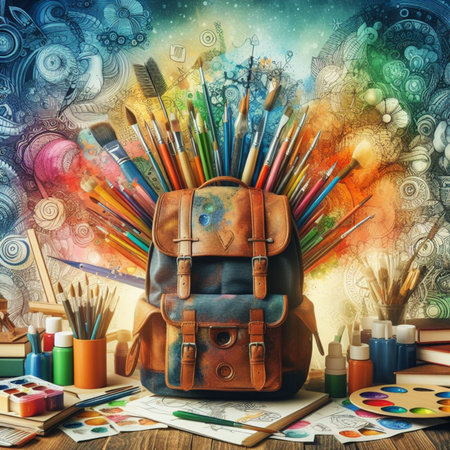 Backpack with paintbrushes, pencils and other stationery on colorful backgroundの素材