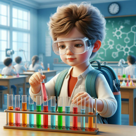 Schoolboy with a backpack and test tubes in chemistry class. 3d rendering.の素材
