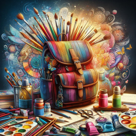 Colorful paintbrushes, pencils, paints and a backpack on the tableの素材