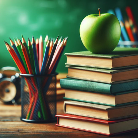 School supplies and apple on a wooden table. Back to school.の素材