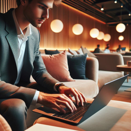 Handsome young businessman working on laptop in a cafe. Business conceptの素材