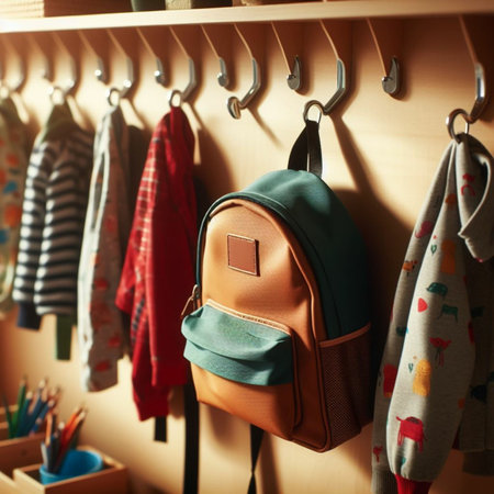 School backpack hanging on hangers in kids room. Back to school conceptの素材
