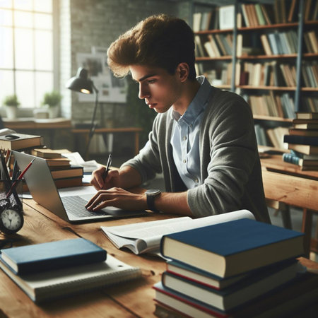 Young man in casual clothes is working with laptop and books while sitting at the table in officeの素材