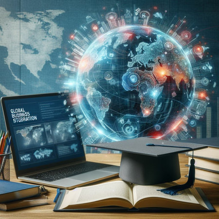 education and technology concept with world map and graduation hat on laptop computerの素材