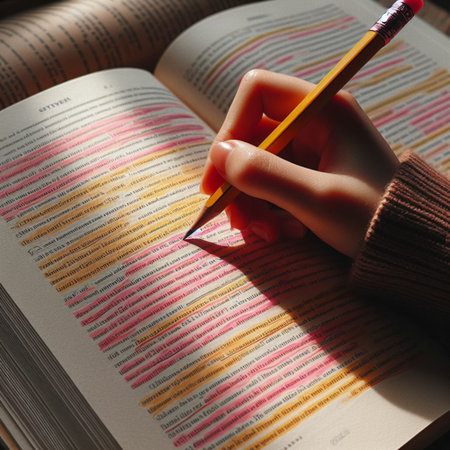 Woman's hand writing in a book with pencils, close upの素材