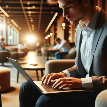 Young businessman working on laptop in cafe. Businessman using laptop while sitting in cafe.の素材