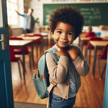 happy little african american schoolgirl with backpack at school classroomの素材