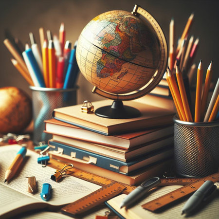 School supplies and globe on wooden table. Back to school concept.の素材