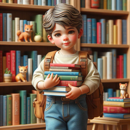 Cute little boy with books in the library. Education concept.の素材