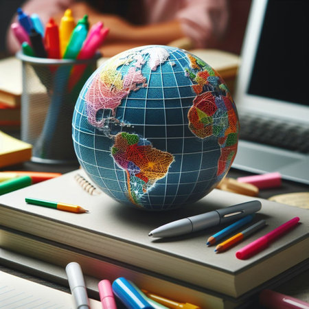 Close-up of the globe on the background of school supplies.の素材