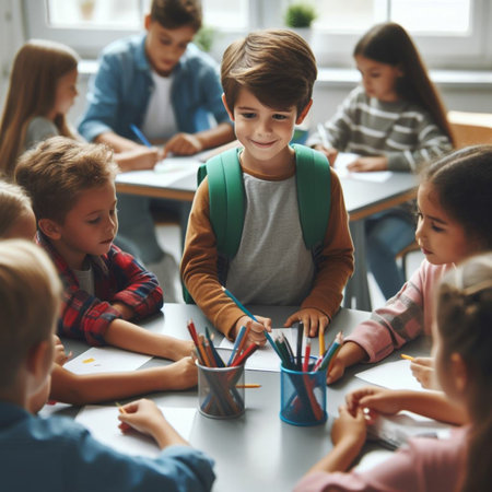 Group of children drawing in classroom. Selective focus on young boyの素材