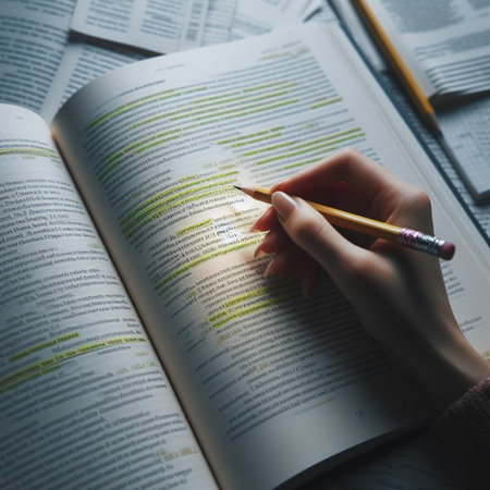 Woman writing on a book with pencils, close-up.の素材