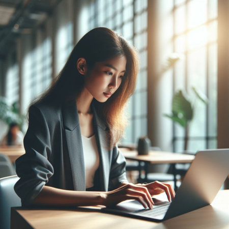 Young asian businesswoman working with laptop in coffee shop. Business concept.の素材