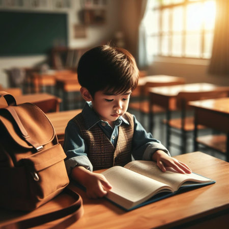 Little boy reading a book in the library at school, education conceptの素材