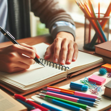 Close up of female hands writing in notebook on wooden table with school suppliesの素材
