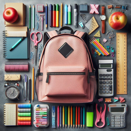 Back to school concept. School supplies on grey background. Top viewの素材