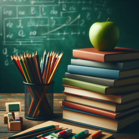 Back to school concept. Stack of books, pencils and apple on wooden tableの素材