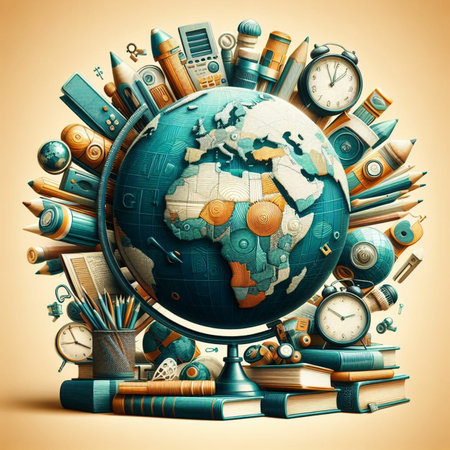 Globe, books, pencils and other stationery on a beige backgroundの素材