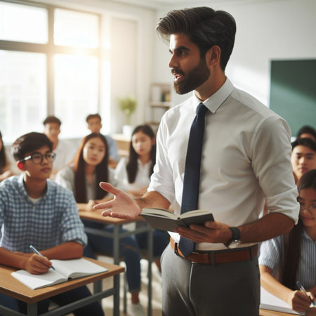 Portrait of handsome young man in white shirt and tie standing in front of his group of students in the classroomの素材