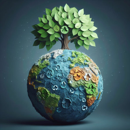 Conceptual image of planet earth with green tree and leaves.の素材