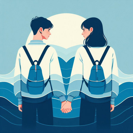 Vector illustration of a man and woman holding hands in the sea.の素材
