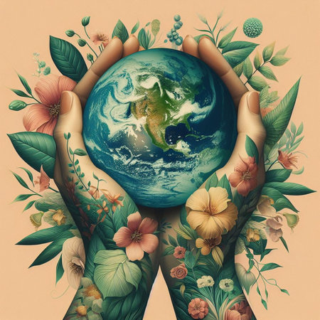 Hands holding planet earth and floral background. Elements of this image furnished by NASAの素材