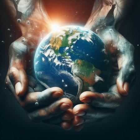 Close up of human hands holding Earth planet. Elements of this image are furnished by NASAの素材