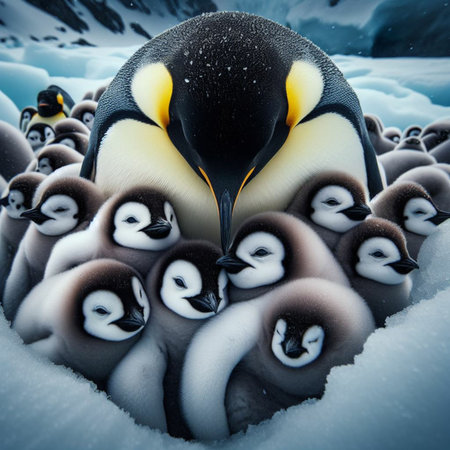 Penguin family in the snow, 3d illustration, horizontalの素材