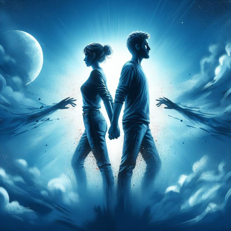 Surreal scene of two people in love. Mixed media. Mixed mediaの素材